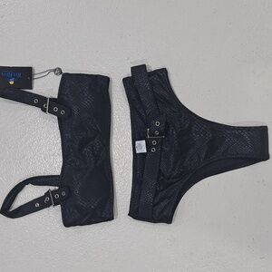 NWT Womens REE BEES Black Snakeskin Textured Bikini Set